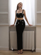Modphy 2pcs/Set Sexy Spaghetti Strap Solid Shiny Rhinestone Backless Crop Top And Form-Fitting Long Skirt, Cocktail Party Outfit
